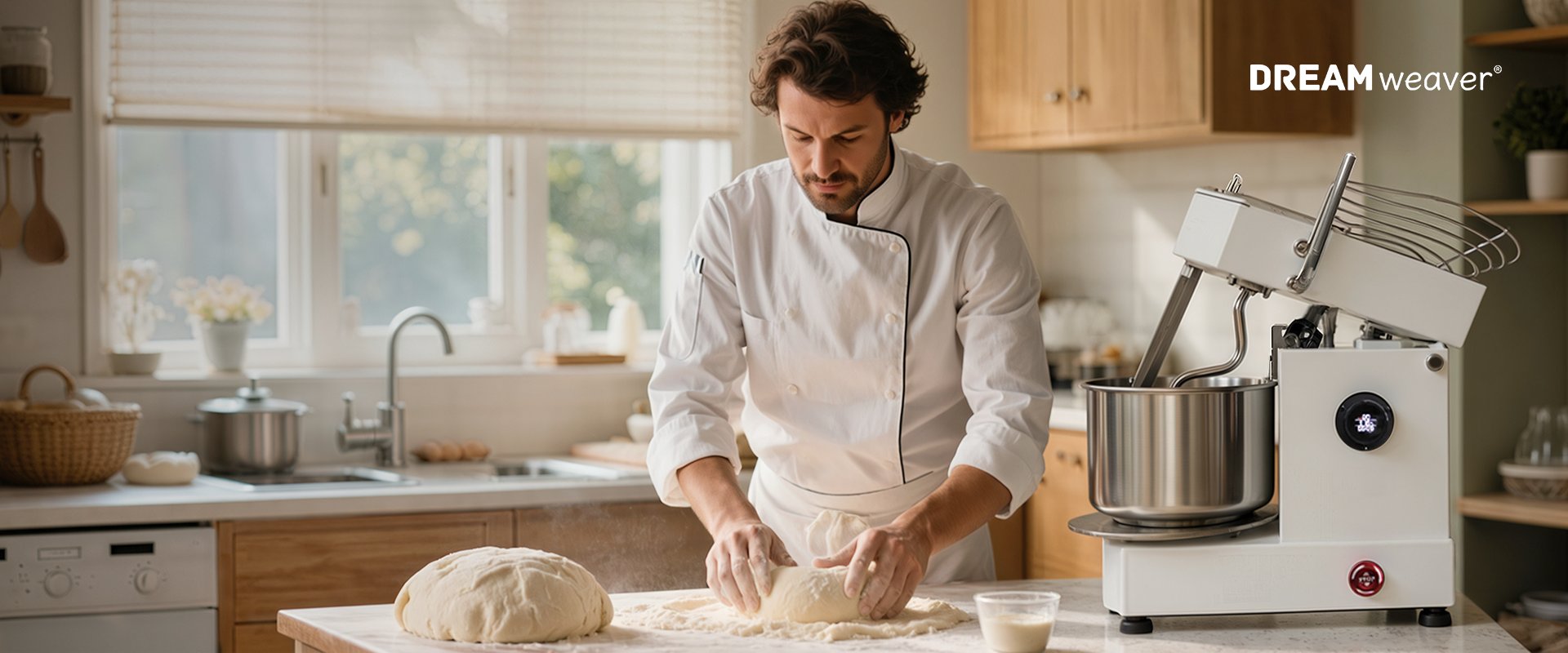 Modishou spiral mixer: a chef kneading dough in a bright kitchen